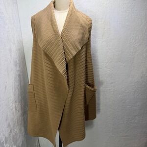 LeMode NWT XL-XXL Camel Brown Pleated Fleece Open Front Draped Pocket Cardigan